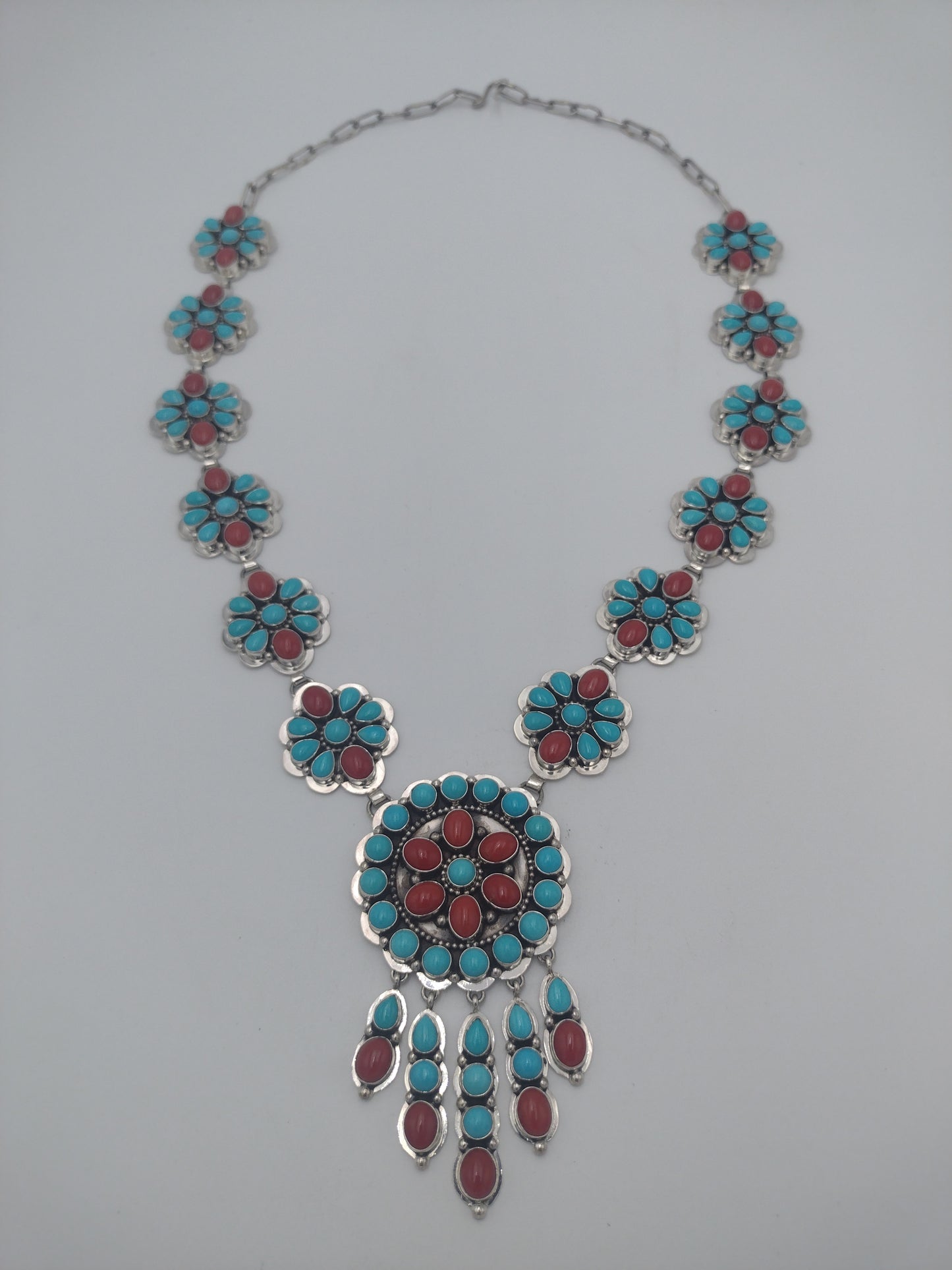 Authentic Navajo Handmade Sleeping Beauty Turquoise & Coral Sterling Silver Shield Necklace