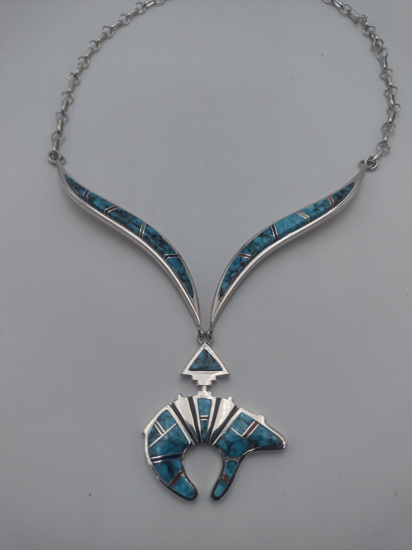 Authentic Handmade Bear Inlay Pendant Necklace by Earl Plummer - Turquoise Coral Lapis Sugilite
