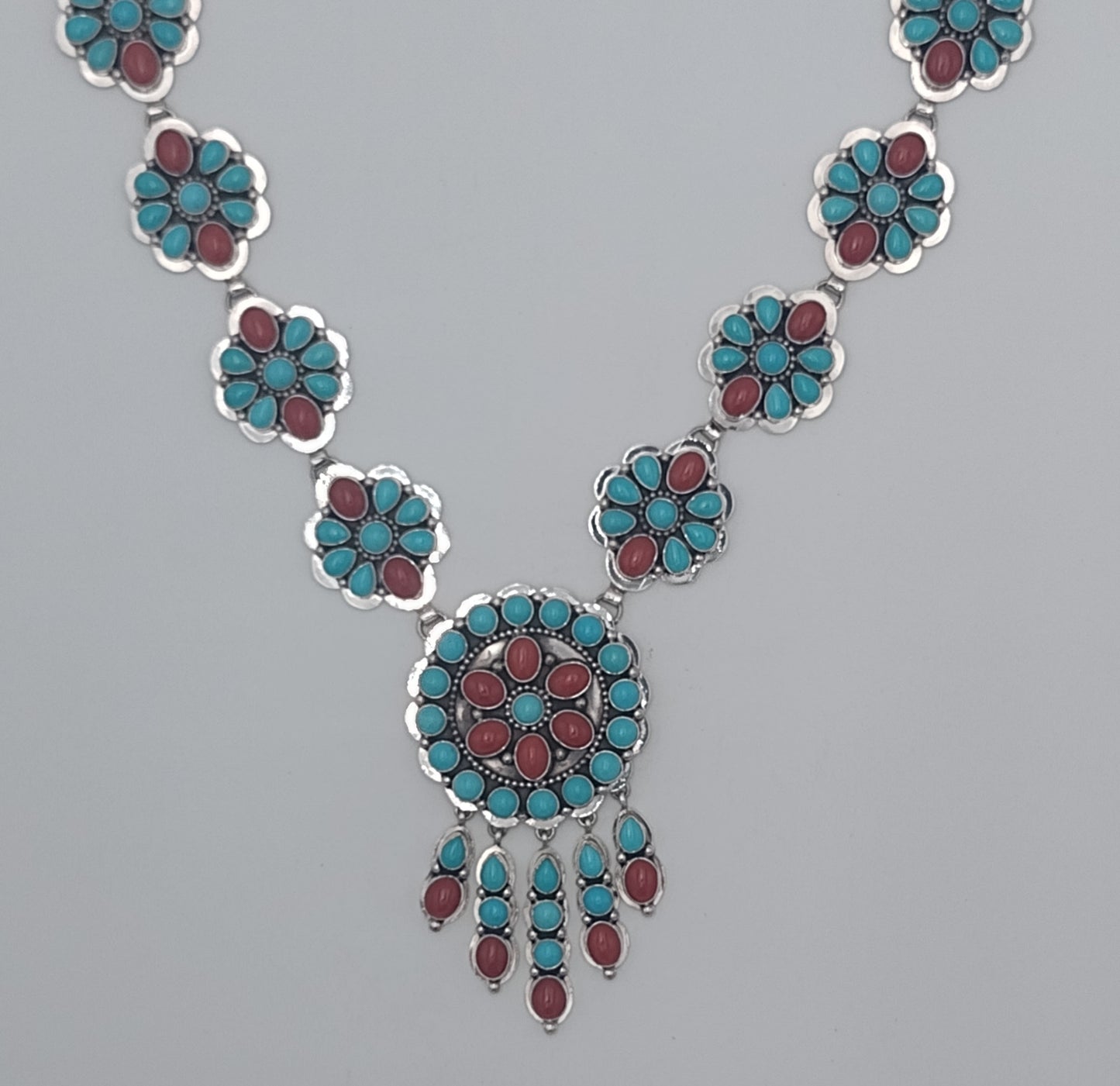 Authentic Navajo Handmade Sleeping Beauty Turquoise & Coral Sterling Silver Shield Necklace