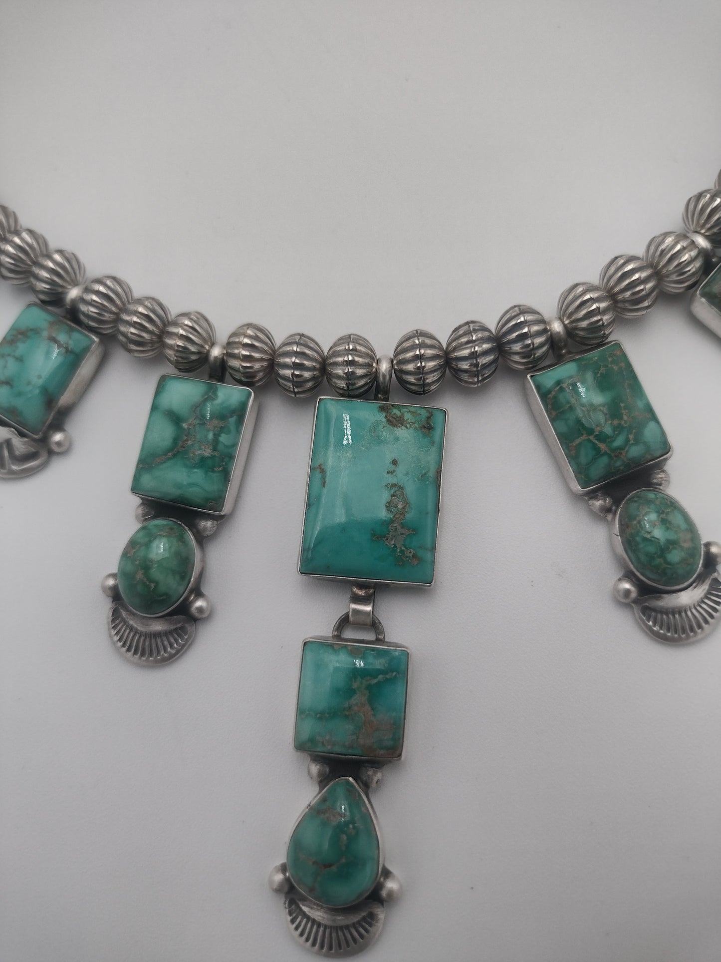 11-Stone Fox Turquoise Sterling Silver Necklace - Corrugated Beads Authentic Native American Handmade