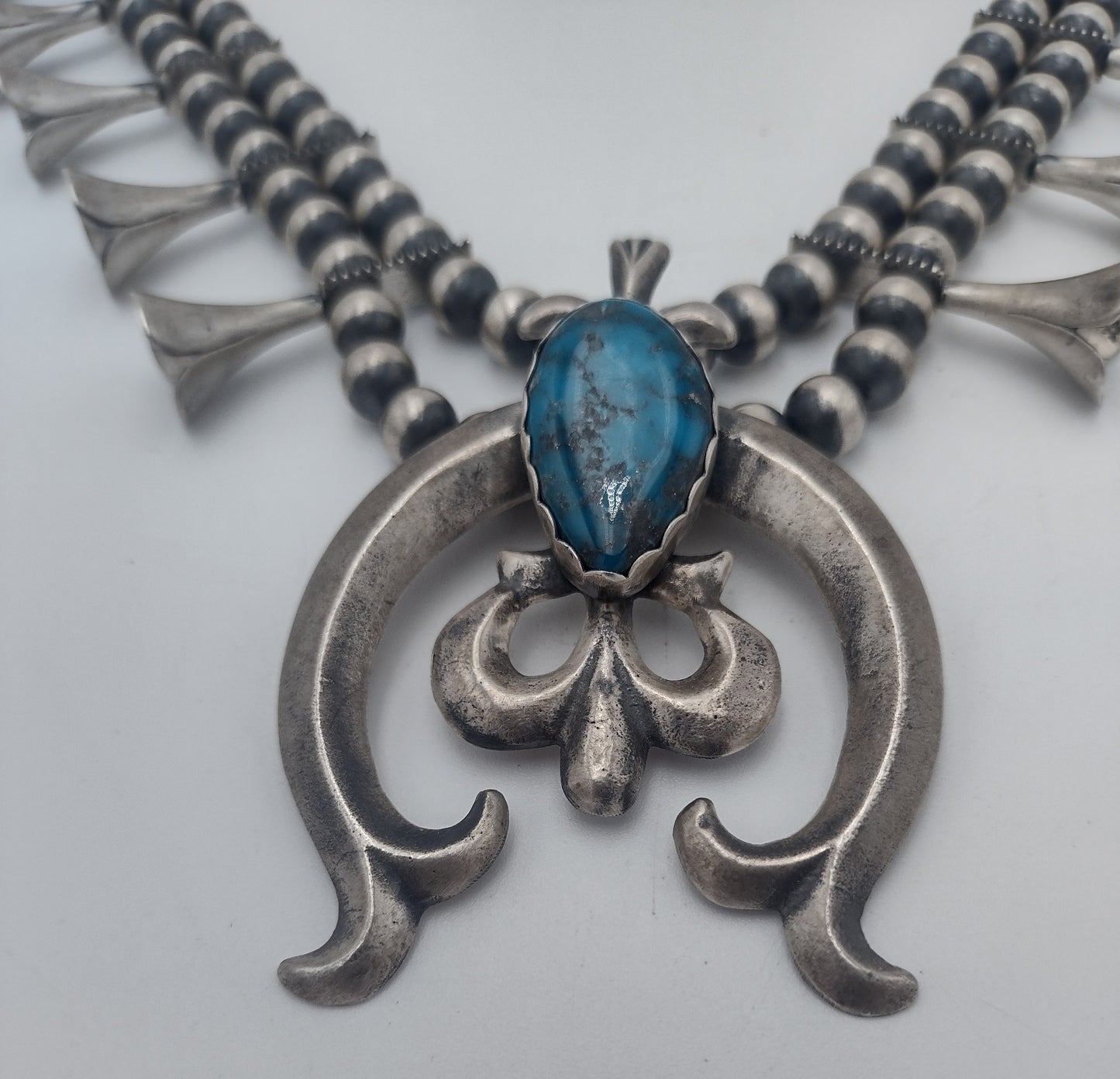 Authentic Navajo Ithaca Peak Turquoise Squash Blossom Necklace by R. Chee - Sandcast Naja