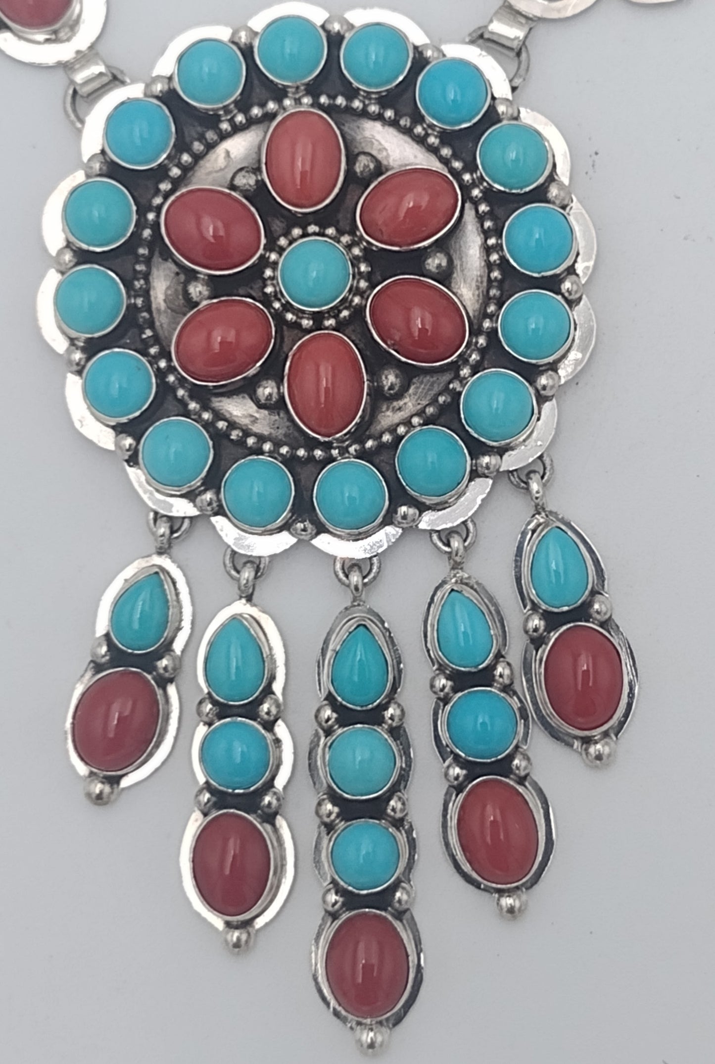 Authentic Navajo Handmade Sleeping Beauty Turquoise & Coral Sterling Silver Shield Necklace