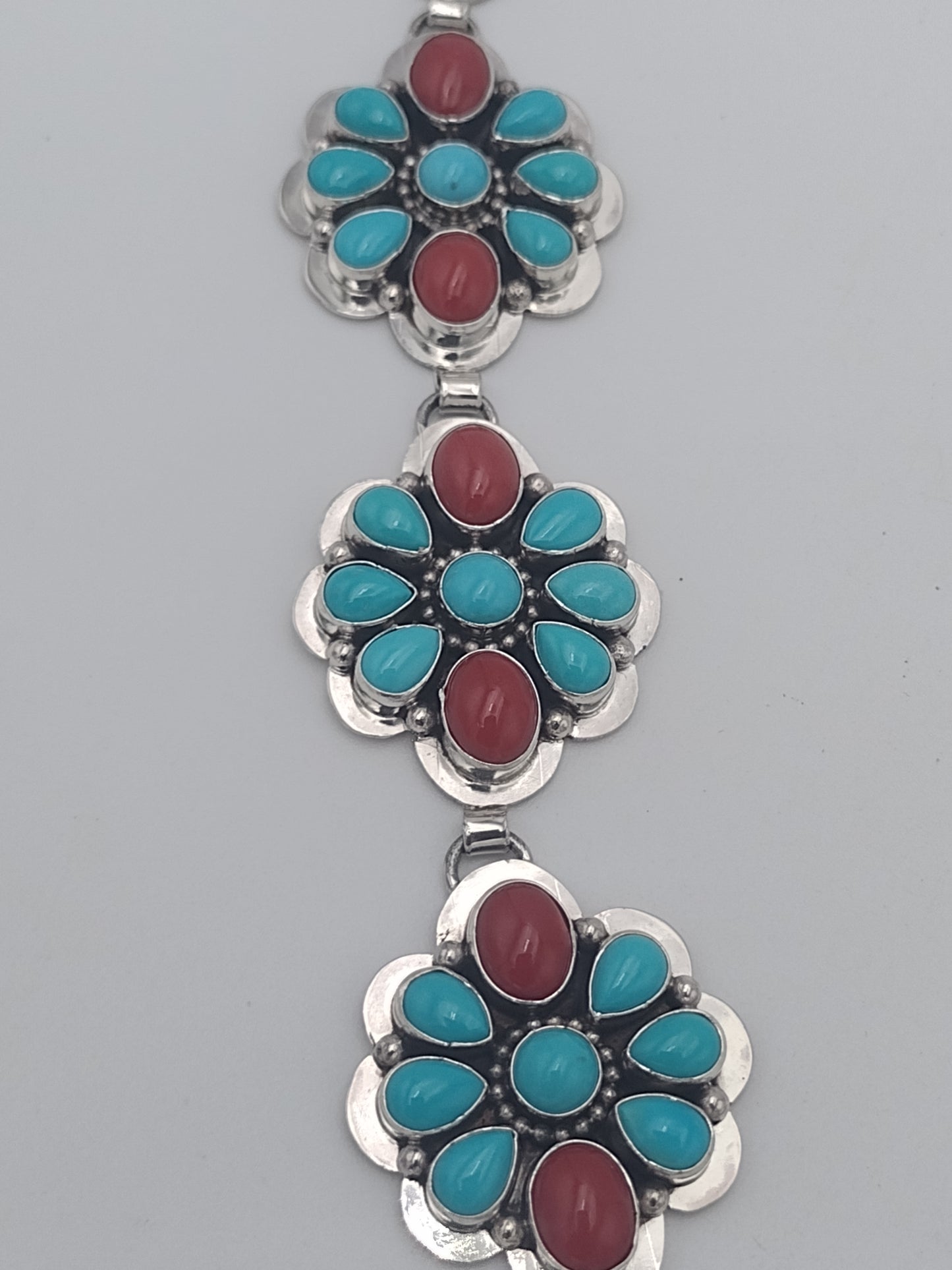 Authentic Navajo Handmade Sleeping Beauty Turquoise & Coral Sterling Silver Shield Necklace
