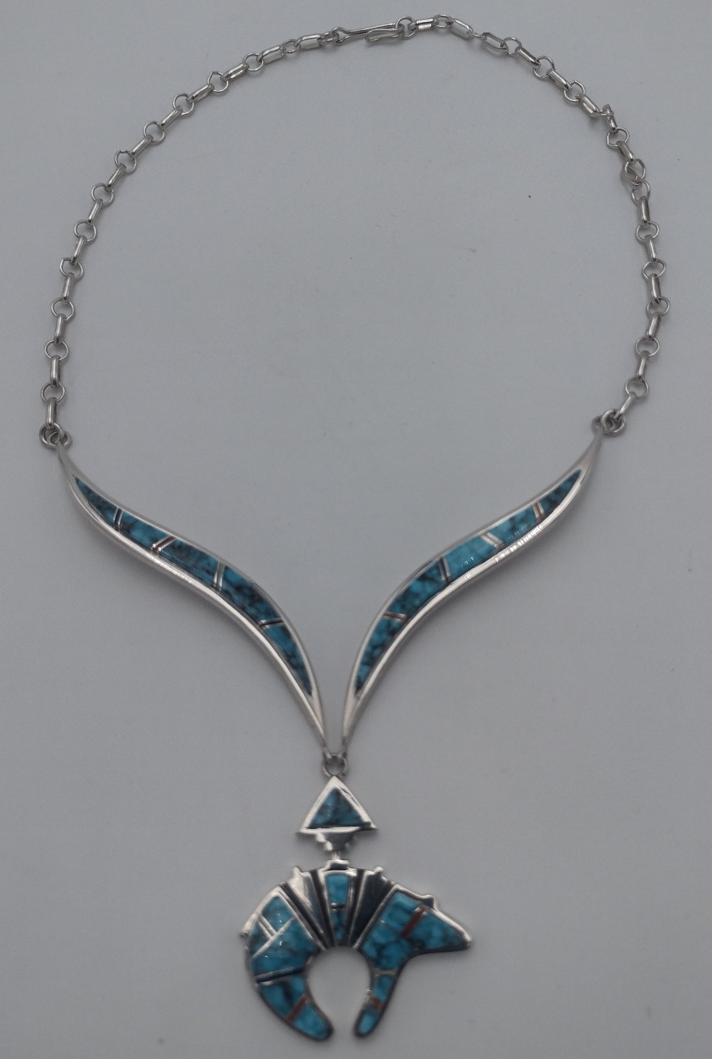 Authentic Handmade Bear Inlay Pendant Necklace by Earl Plummer - Turquoise Coral Lapis Sugilite
