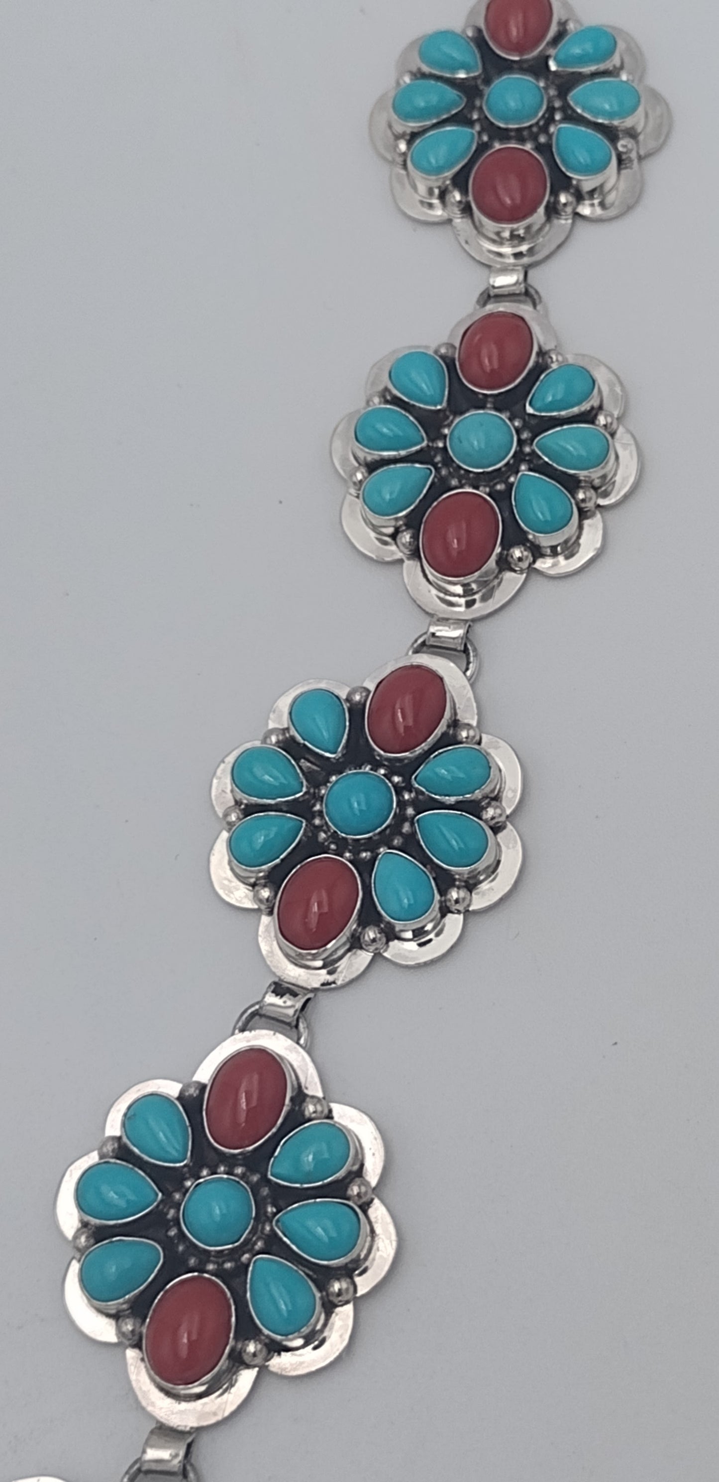 Authentic Navajo Handmade Sleeping Beauty Turquoise & Coral Sterling Silver Shield Necklace