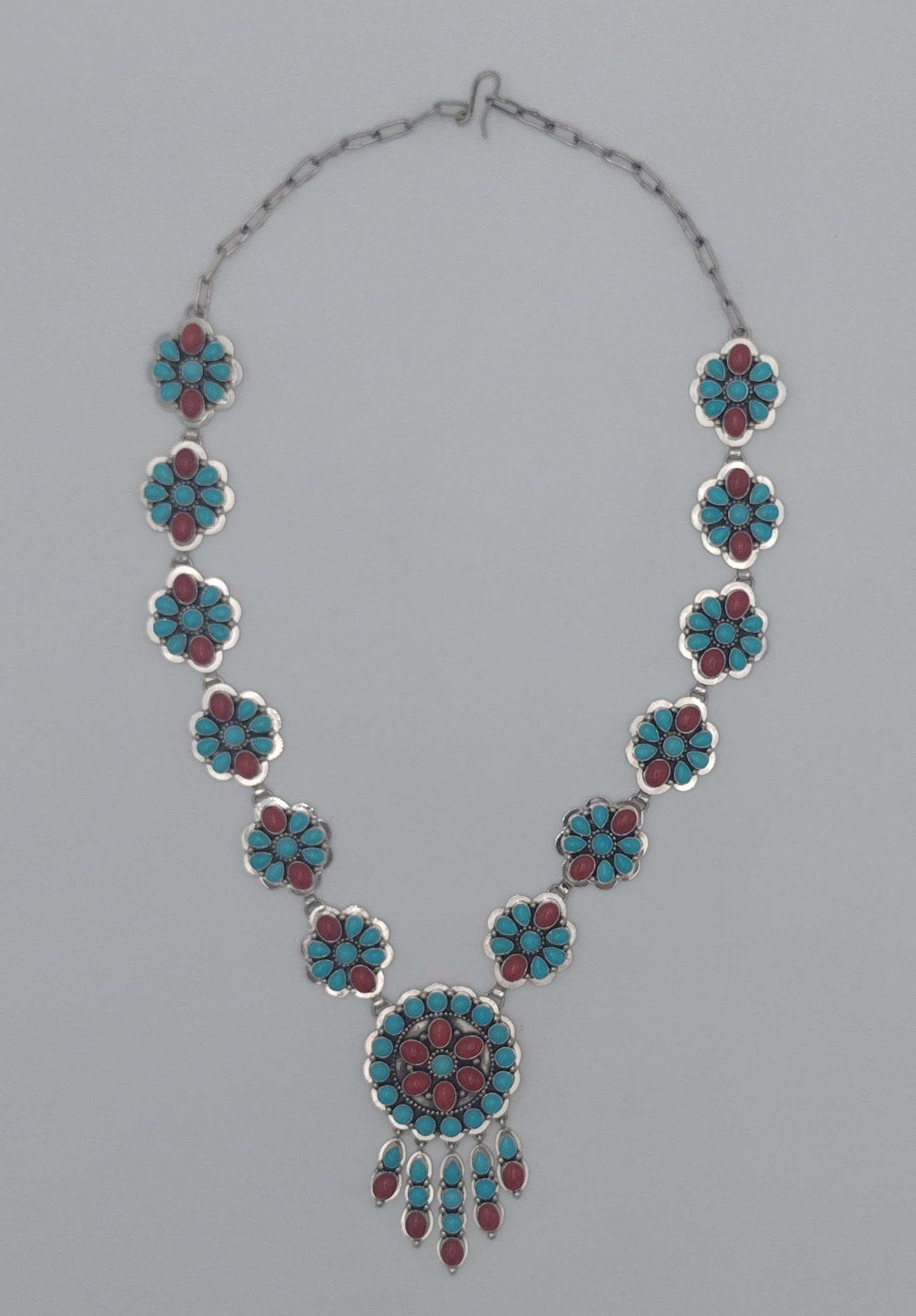 Authentic Navajo Handmade Sleeping Beauty Turquoise & Coral Sterling Silver Shield Necklace