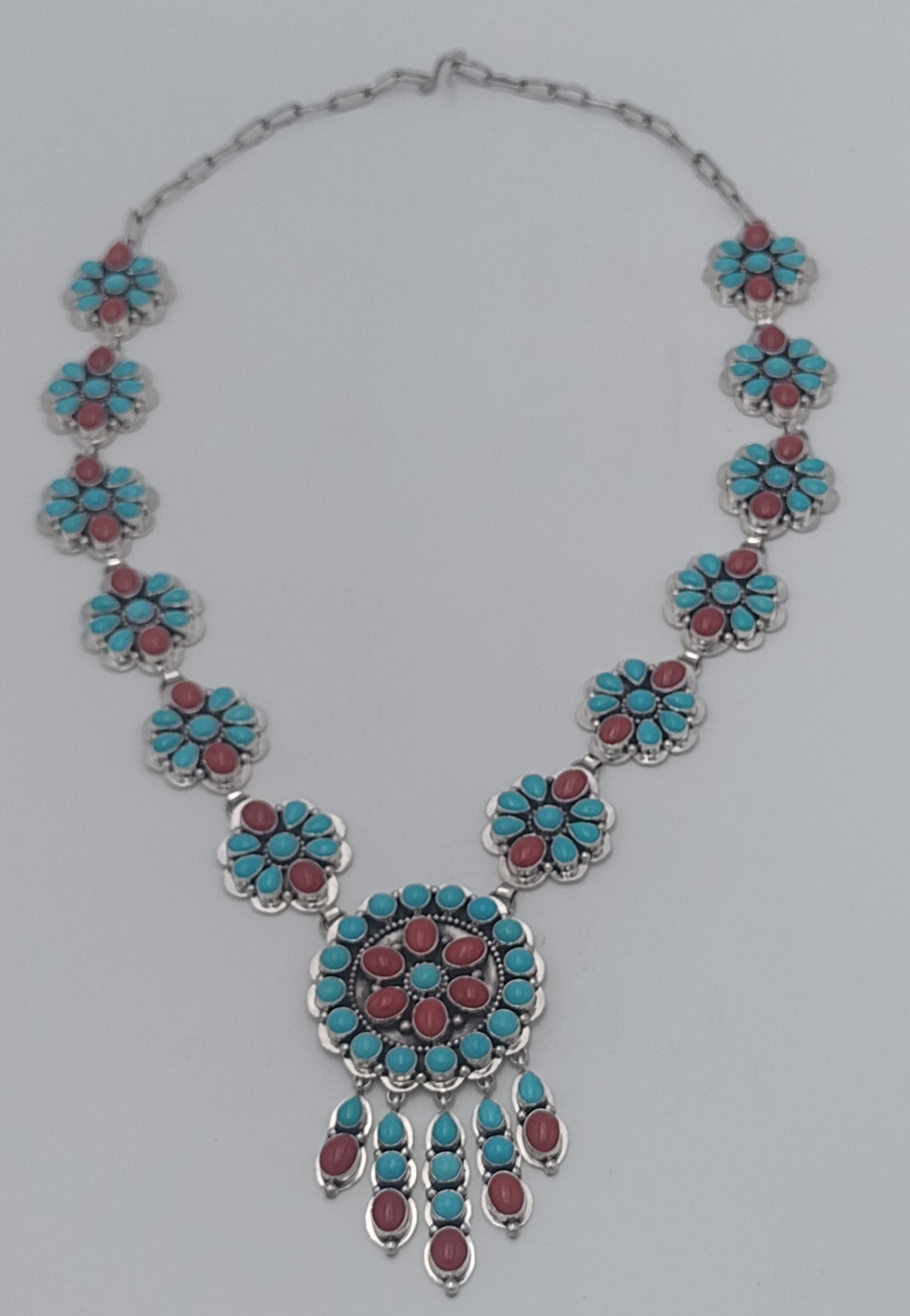 Authentic Navajo Handmade Sleeping Beauty Turquoise & Coral Sterling Silver Shield Necklace