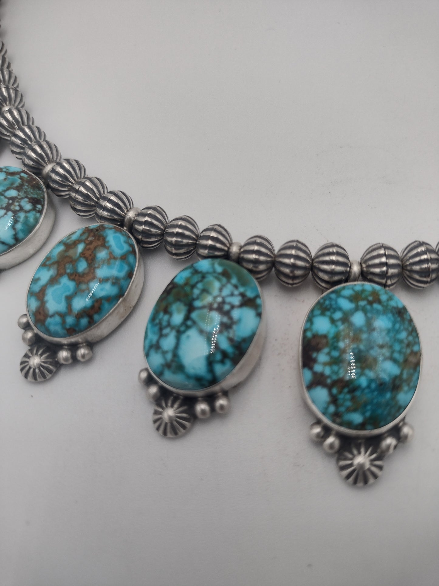 Authentic Native American 17-Stone Kingman Waterweb Turquoise Sterling Silver Necklace