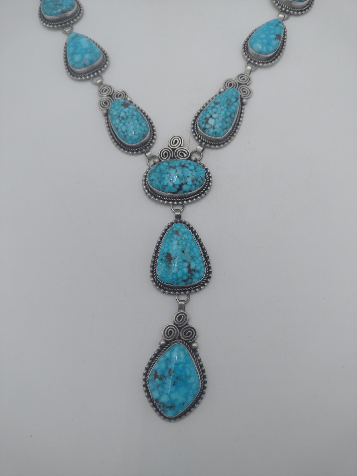 Authentic Native American 13-Stone Kingman Waterweb Turquoise Sterling Silver Lariat Necklace