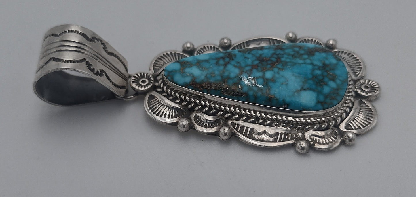 Kingman Waterweb Turquoise Sterling Silver Pendant - EM Lincoln Navajo Handmade