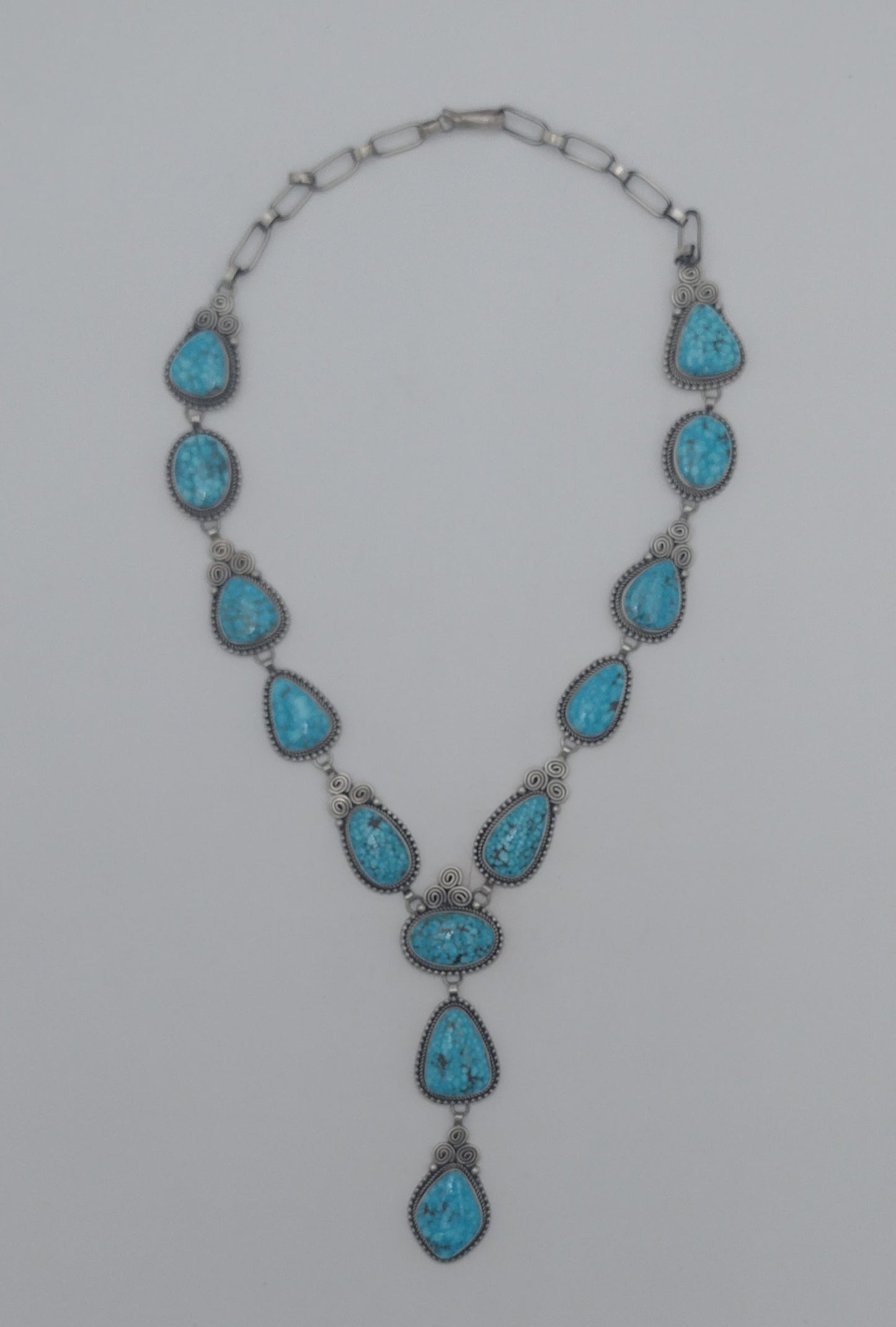 Authentic Native American 13-Stone Kingman Waterweb Turquoise Sterling Silver Lariat Necklace