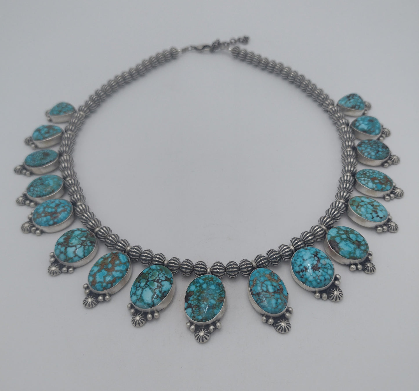 Authentic Native American 17-Stone Kingman Waterweb Turquoise Sterling Silver Necklace