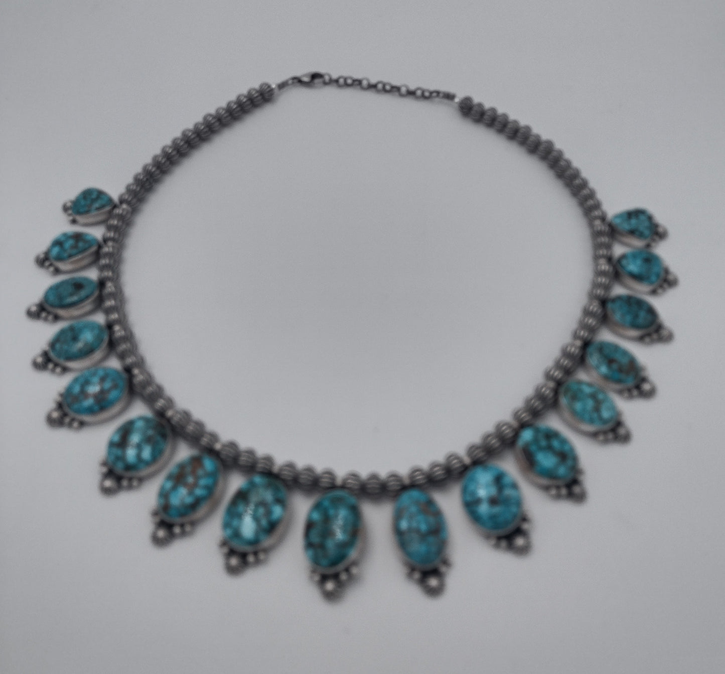 Authentic Native American 17-Stone Kingman Waterweb Turquoise Sterling Silver Necklace