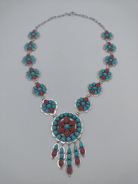 Authentic Navajo Handmade Sleeping Beauty Turquoise & Coral Sterling Silver Shield Necklace