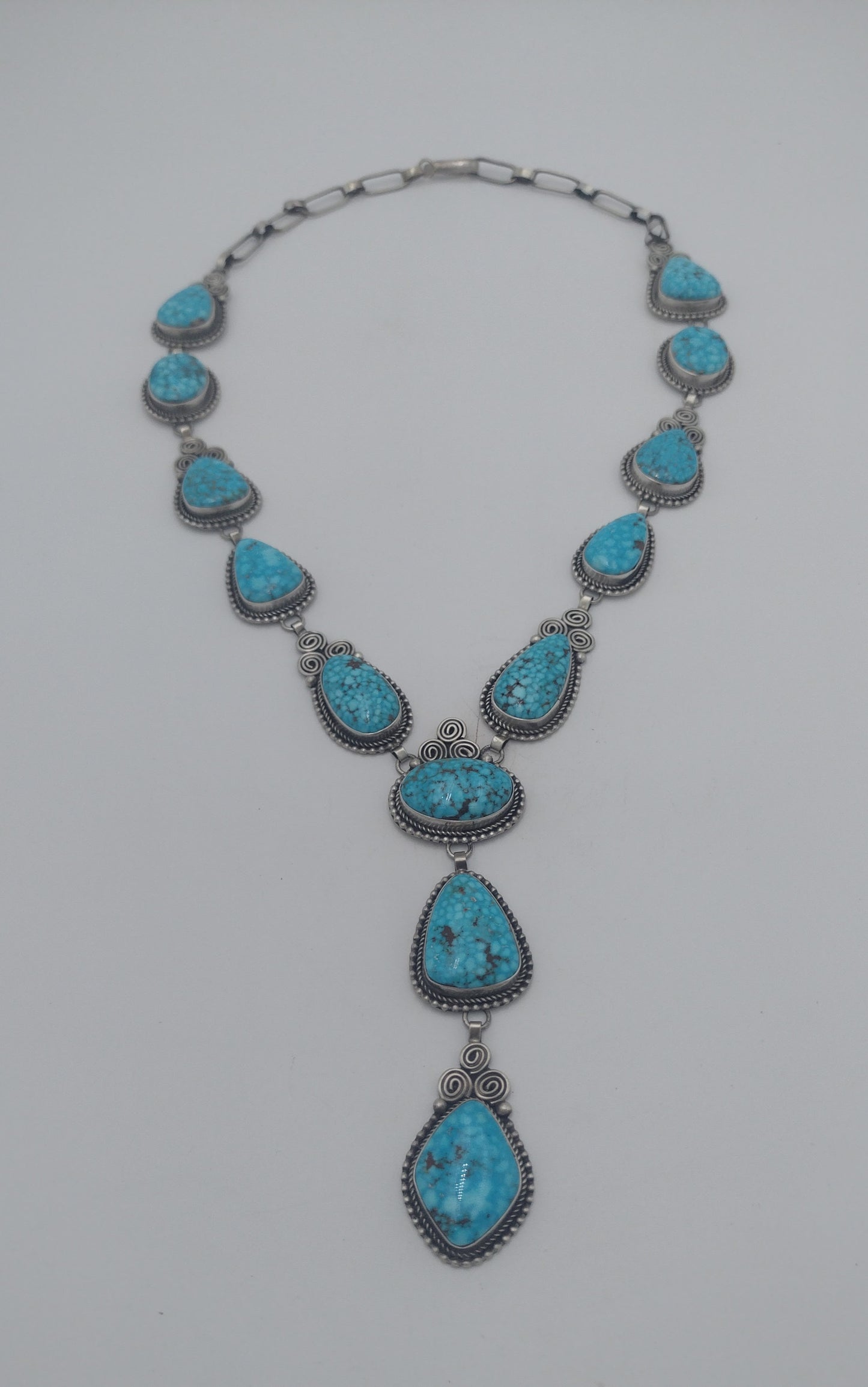 Authentic Native American 13-Stone Kingman Waterweb Turquoise Sterling Silver Lariat Necklace