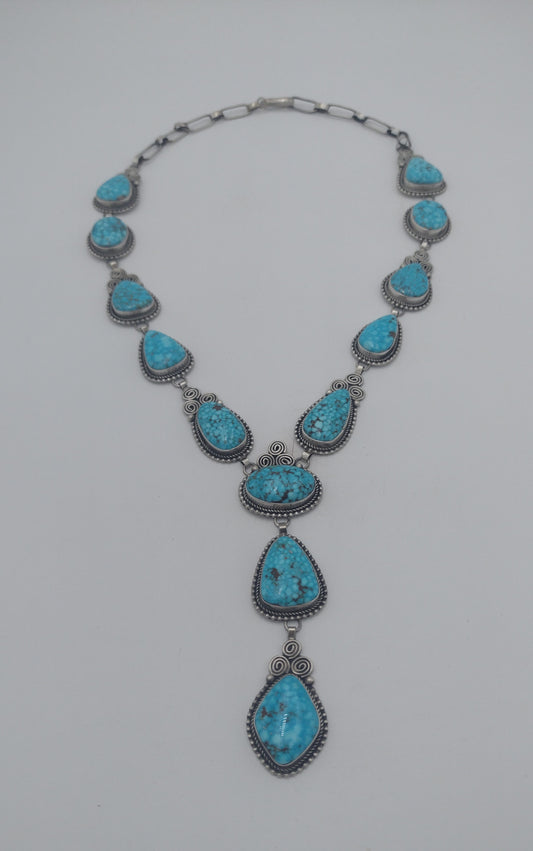 Authentic Native American 13-Stone Kingman Waterweb Turquoise Sterling Silver Lariat Necklace