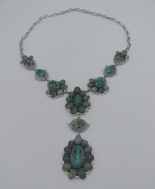 Authentic Native American Sonoran Gold Turquoise Sterling Silver Lariat Necklace