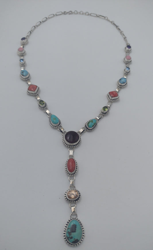 Multicolor Gemstone Lariat Necklace - Kingman Turquoise Amethyst Topaz Citrine Spiny Pink