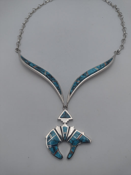 Authentic Handmade Bear Inlay Pendant Necklace by Earl Plummer - Turquoise Coral Lapis Sugilite