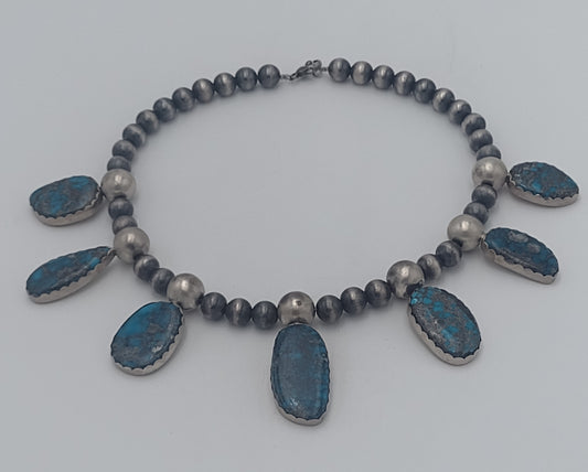 Authentic Native American 7-Stone Ithaca Peak Turquoise Sterling Silver Handmade Necklace