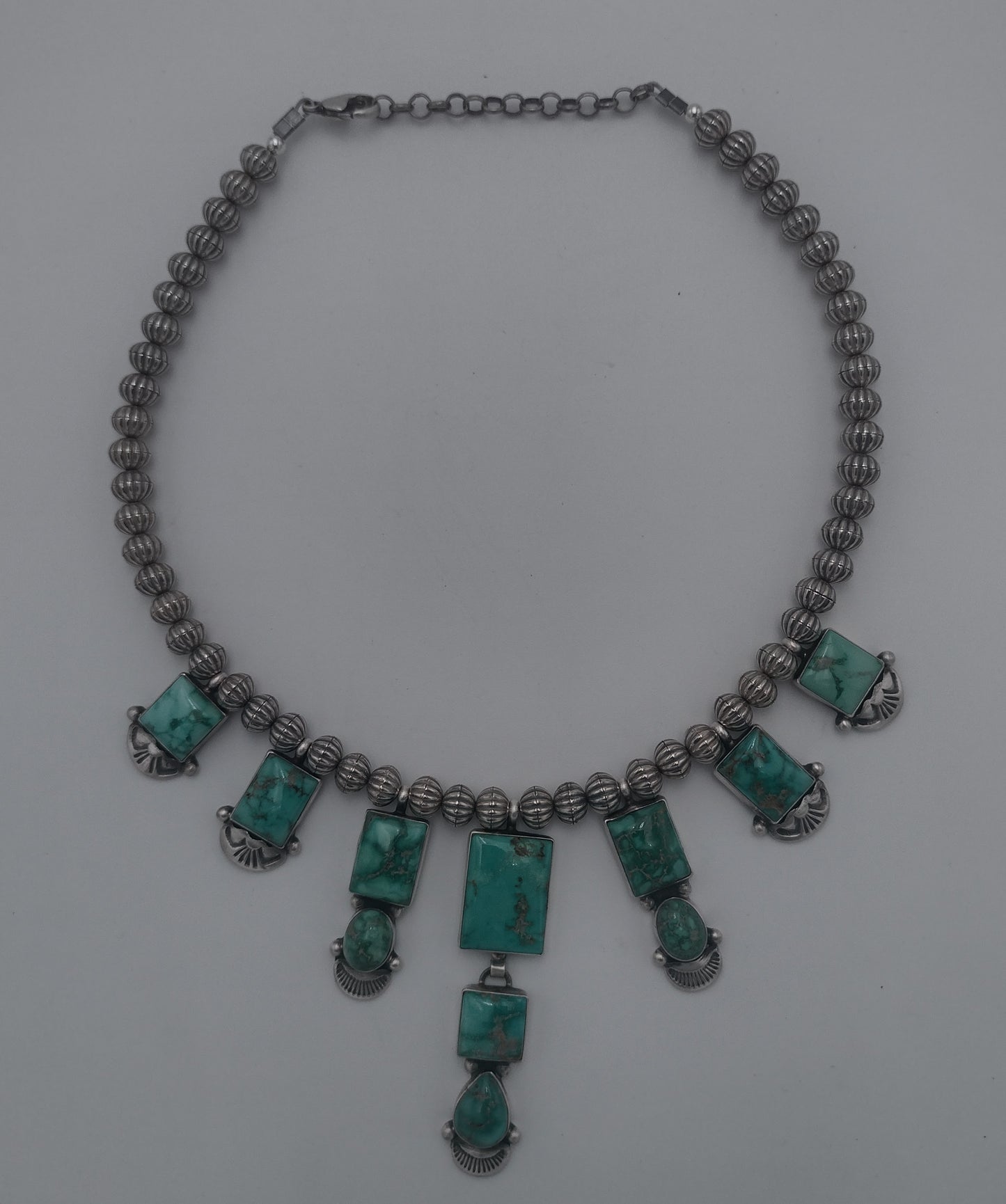 11-Stone Fox Turquoise Sterling Silver Necklace - Corrugated Beads Authentic Native American Handmade