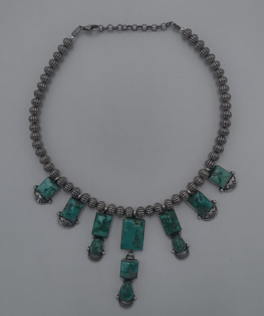 11-Stone Fox Turquoise Sterling Silver Necklace - Corrugated Beads Authentic Native American Handmade