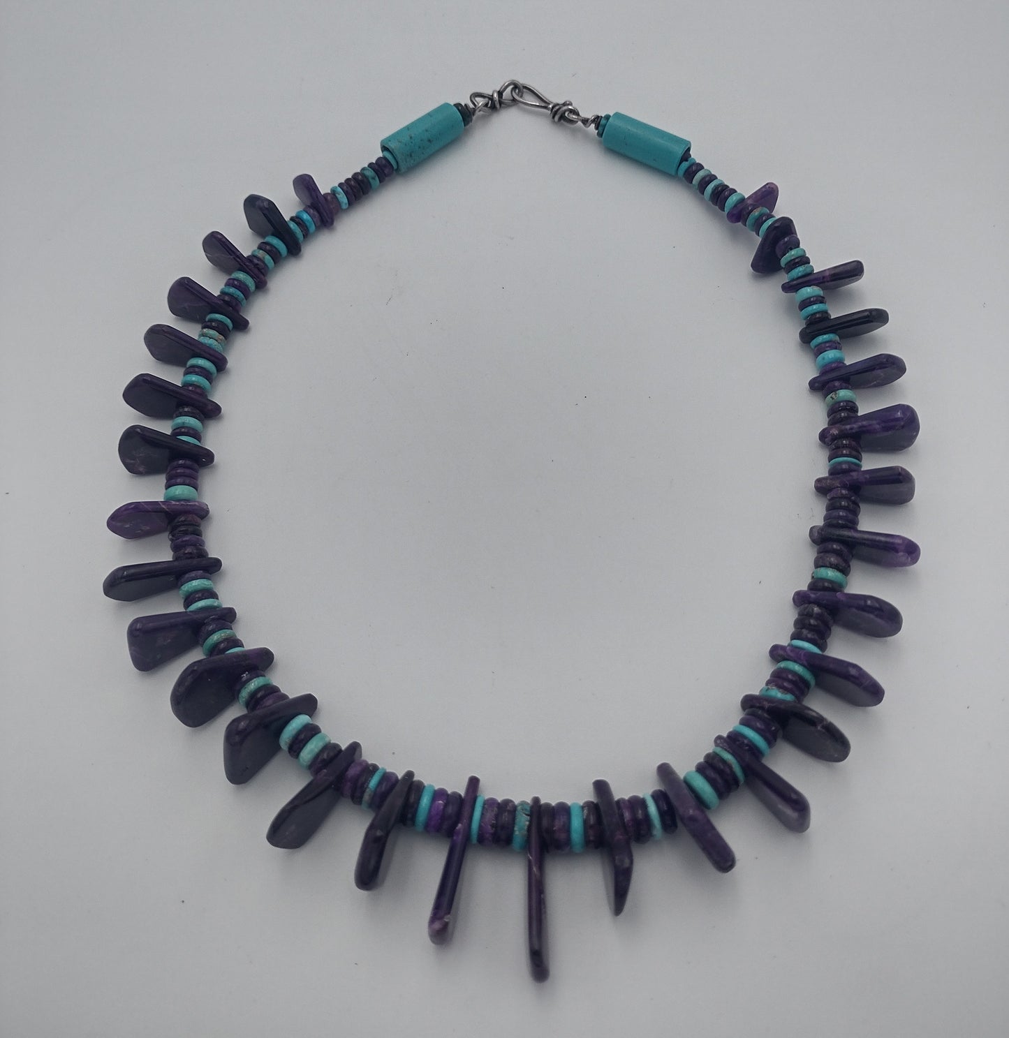 Exquisite Sugilite & Sleeping Beauty Turquoise Necklace by Bruce Eckhardt - Hand-Shaped Teardrops
