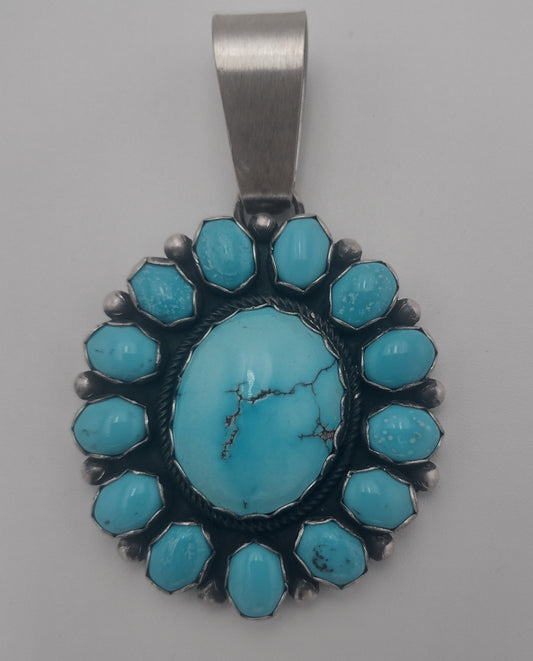Kingman Turquoise 14-Stone Floral Cluster Pendant by Bea Tom Authentic Native American Handmade