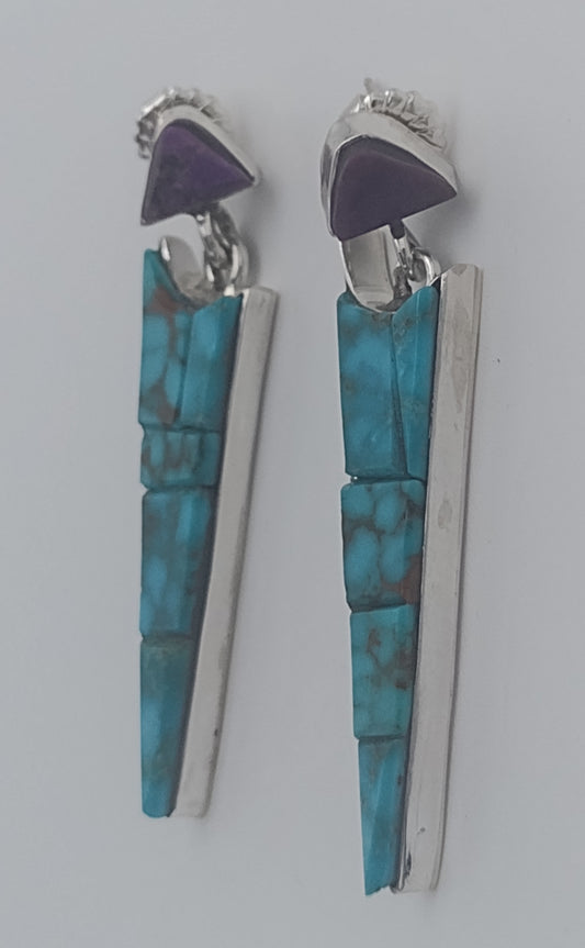 Kingman Turquoise Sugilite Cobblestone Inlay Dangle Earrings by Na Na Ping Authentic Native American