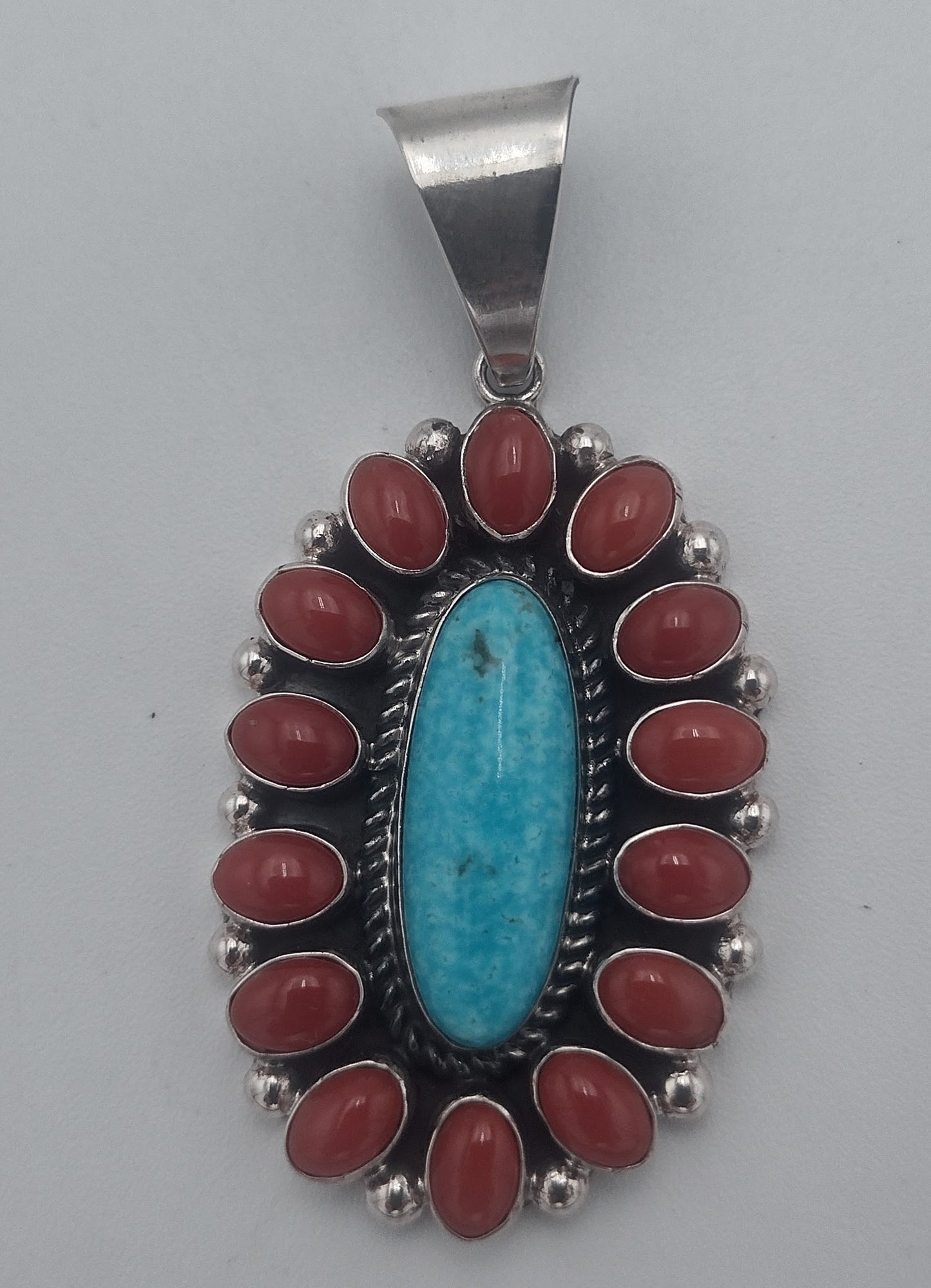 Kingman Turquoise & Coral Floral Cluster Pendant by C. Charley Authentic Native American Handmade