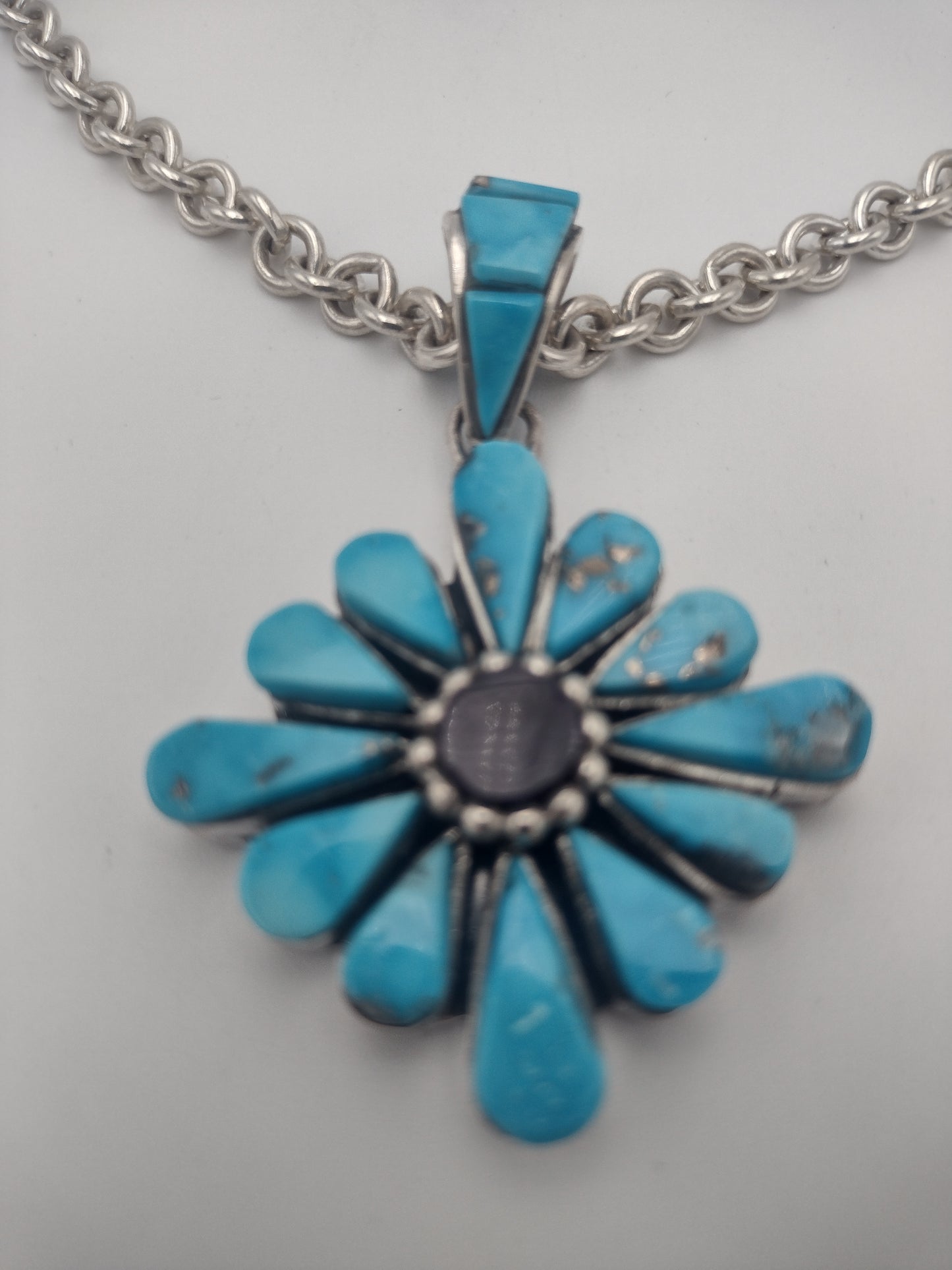 Authentic Native American Kingman Turquoise & Sugilite Inlay Flower Pendant by Na Na Ping