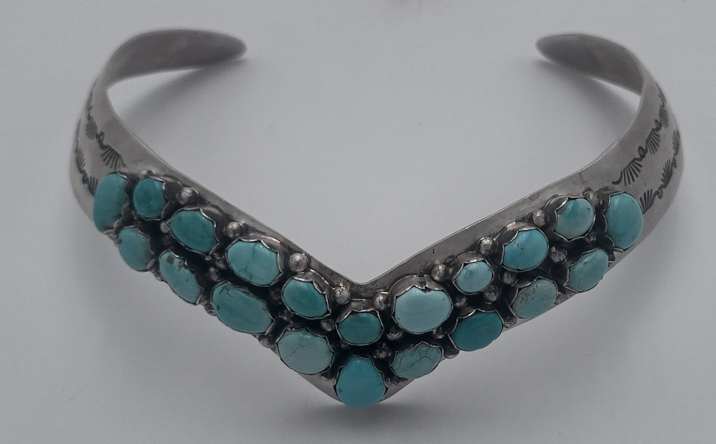 Authentic Navajo Kingman Turquoise 20-Stone V-Neck Collar by Paul Livingston