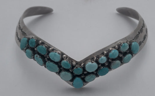 Authentic Navajo Kingman Turquoise 20-Stone V-Neck Collar by Paul Livingston
