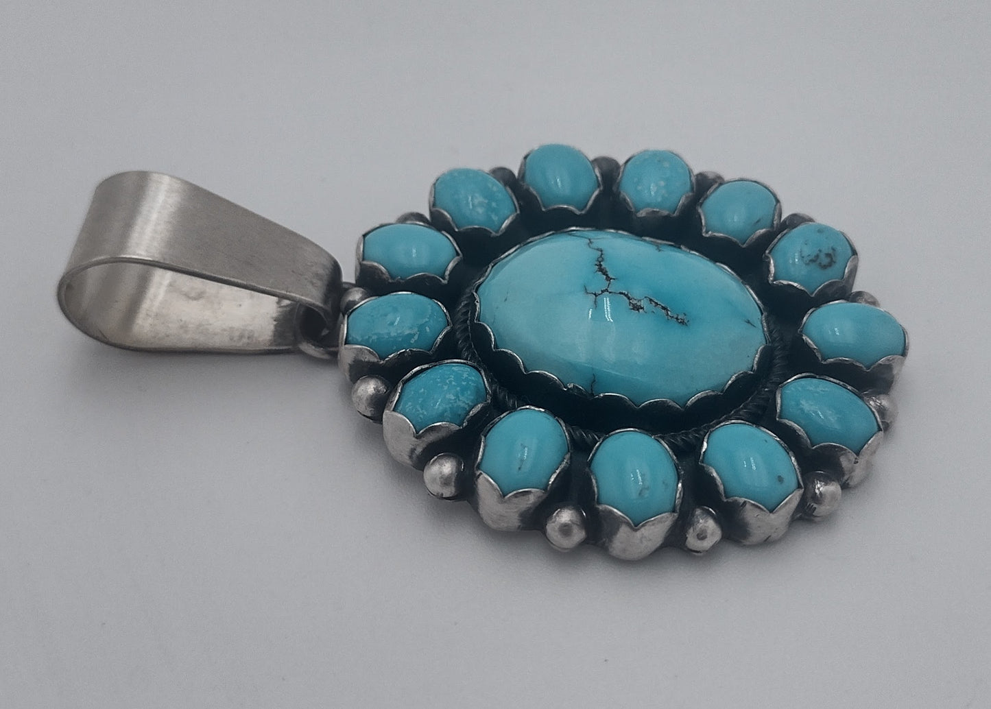 Kingman Turquoise 14-Stone Floral Cluster Pendant by Bea Tom Authentic Native American Handmade