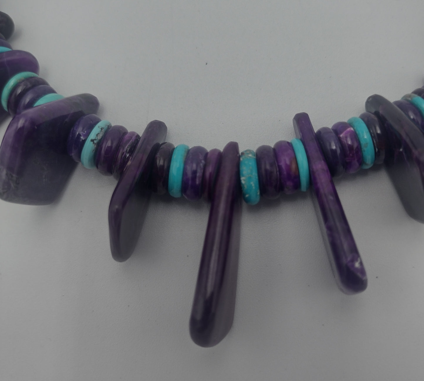 Exquisite Sugilite & Sleeping Beauty Turquoise Necklace by Bruce Eckhardt - Hand-Shaped Teardrops