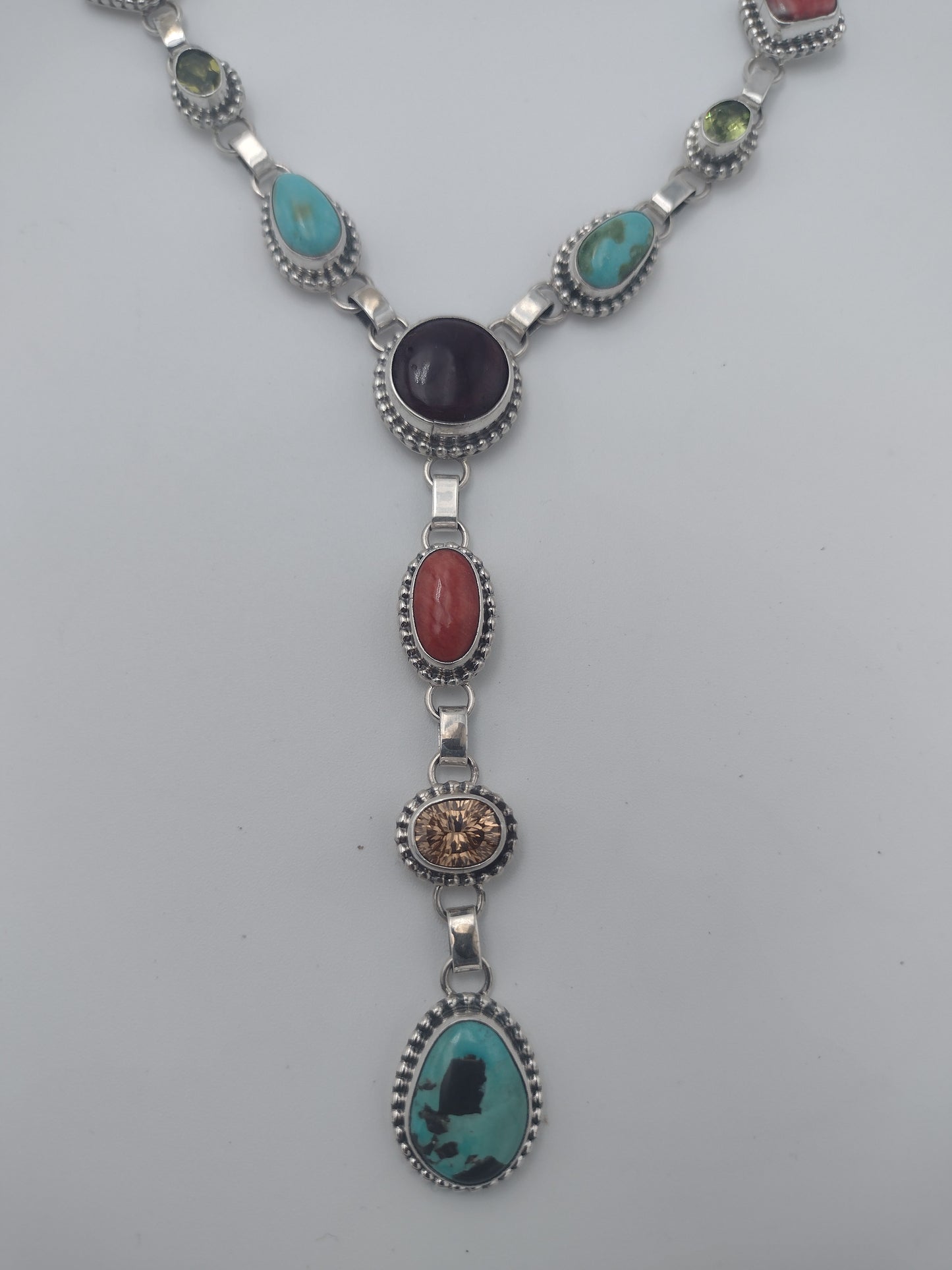 Multicolor Gemstone Lariat Necklace - Kingman Turquoise Amethyst Topaz Citrine Spiny Pink