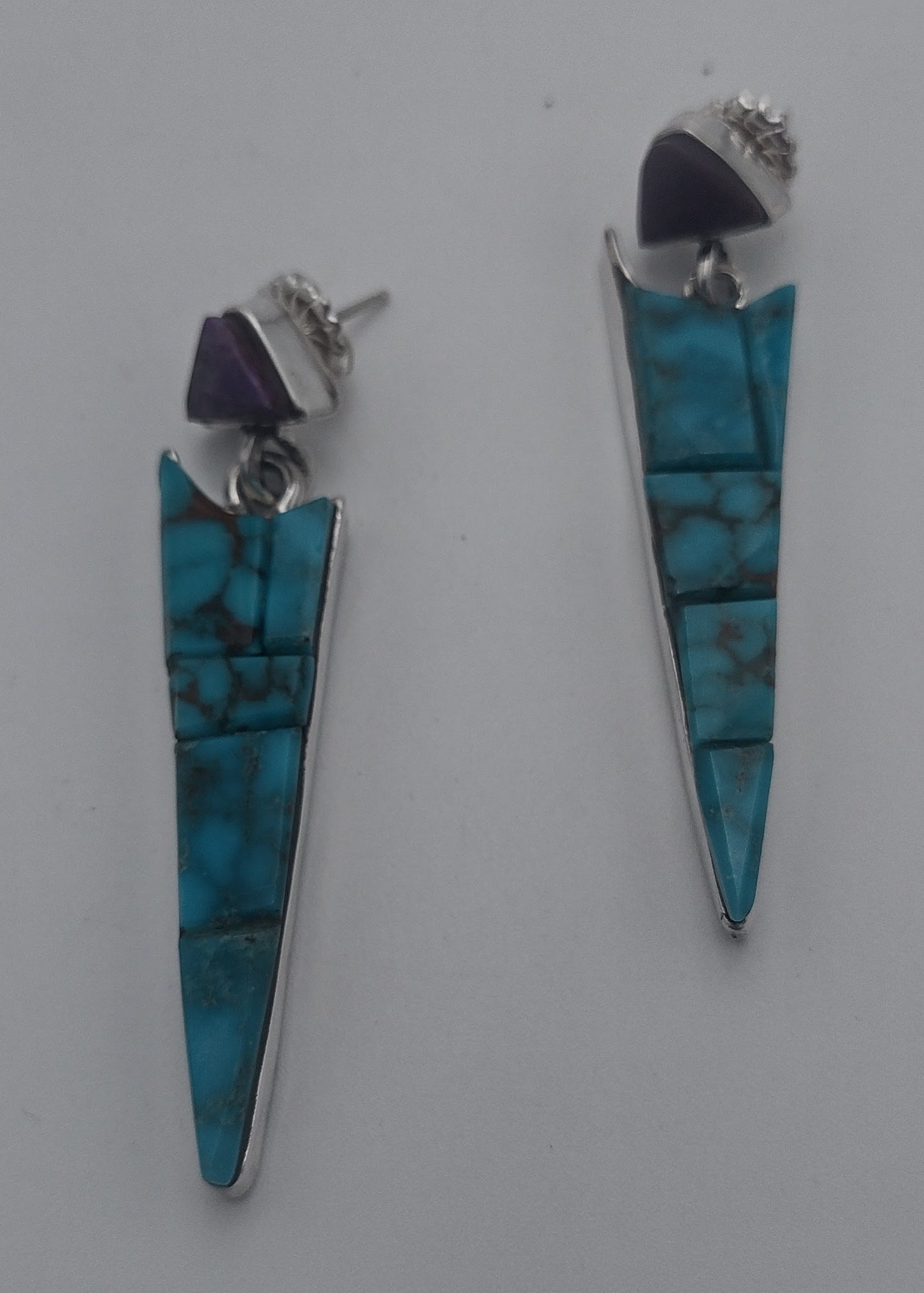 Kingman Turquoise Sugilite Cobblestone Inlay Dangle Earrings by Na Na Ping Authentic Native American