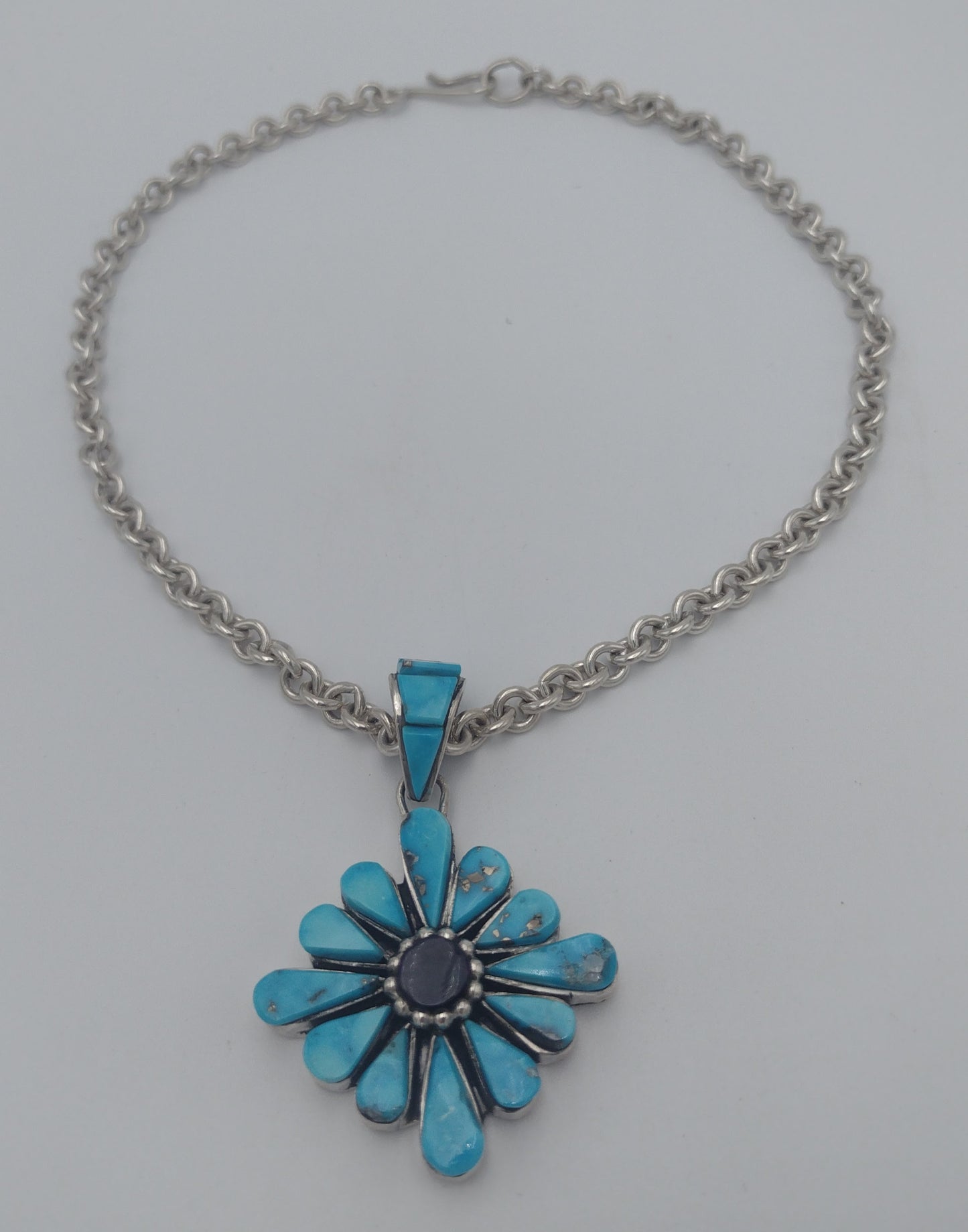 Authentic Native American Kingman Turquoise & Sugilite Inlay Flower Pendant by Na Na Ping