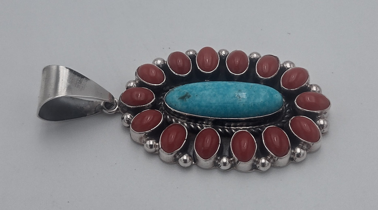 Kingman Turquoise & Coral Floral Cluster Pendant by C. Charley Authentic Native American Handmade