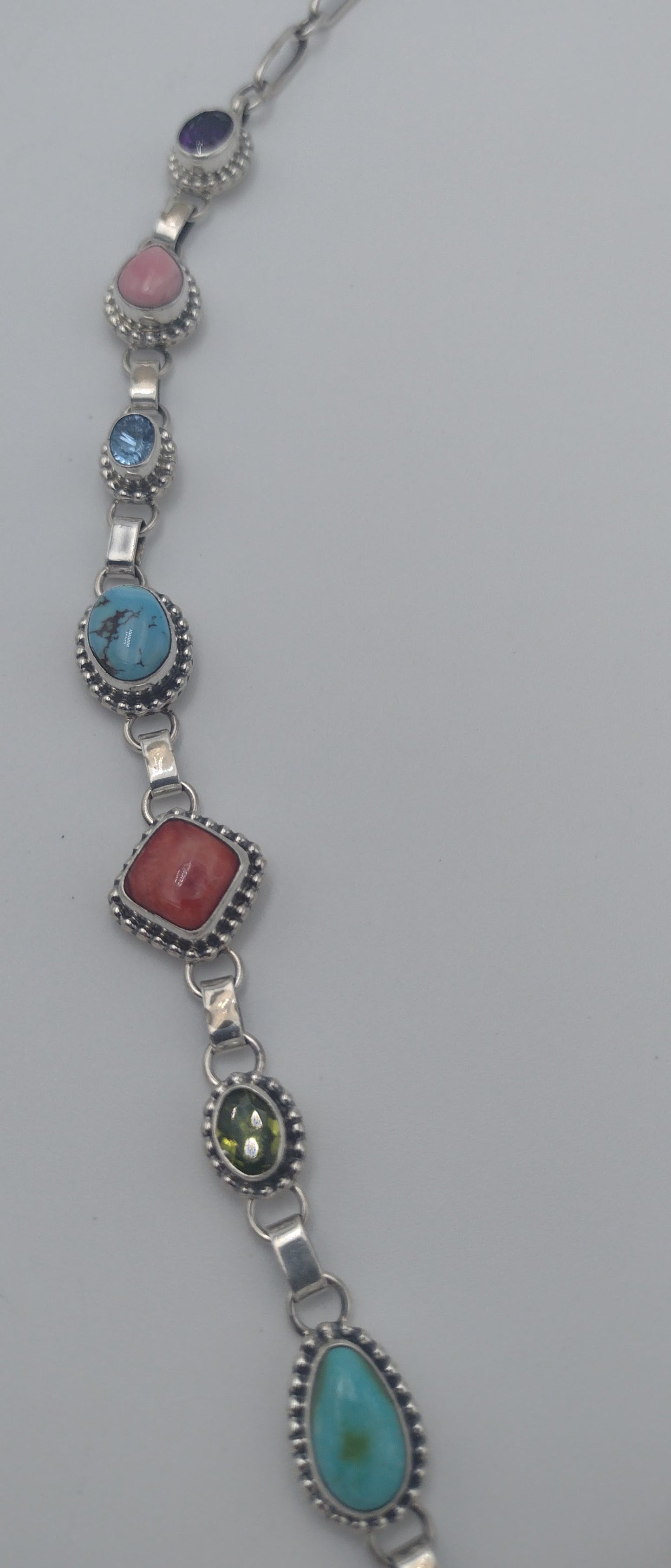 Multicolor Gemstone Lariat Necklace - Kingman Turquoise Amethyst Topaz Citrine Spiny Pink