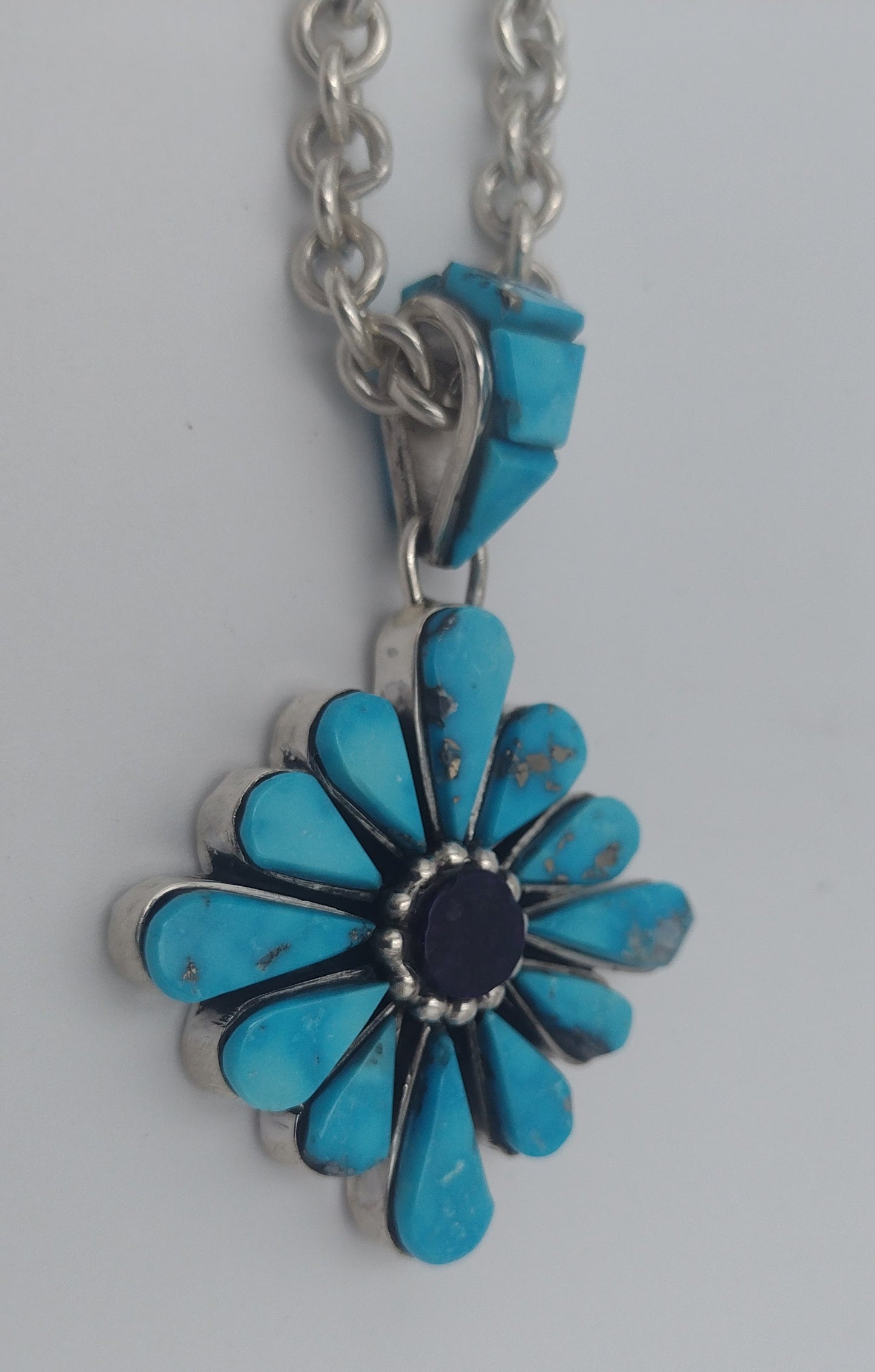 Authentic Native American Kingman Turquoise & Sugilite Inlay Flower Pendant by Na Na Ping