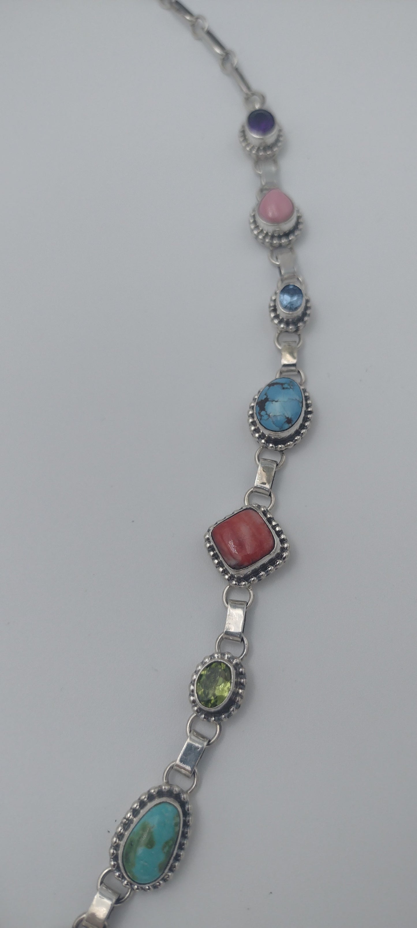 Multicolor Gemstone Lariat Necklace - Kingman Turquoise Amethyst Topaz Citrine Spiny Pink