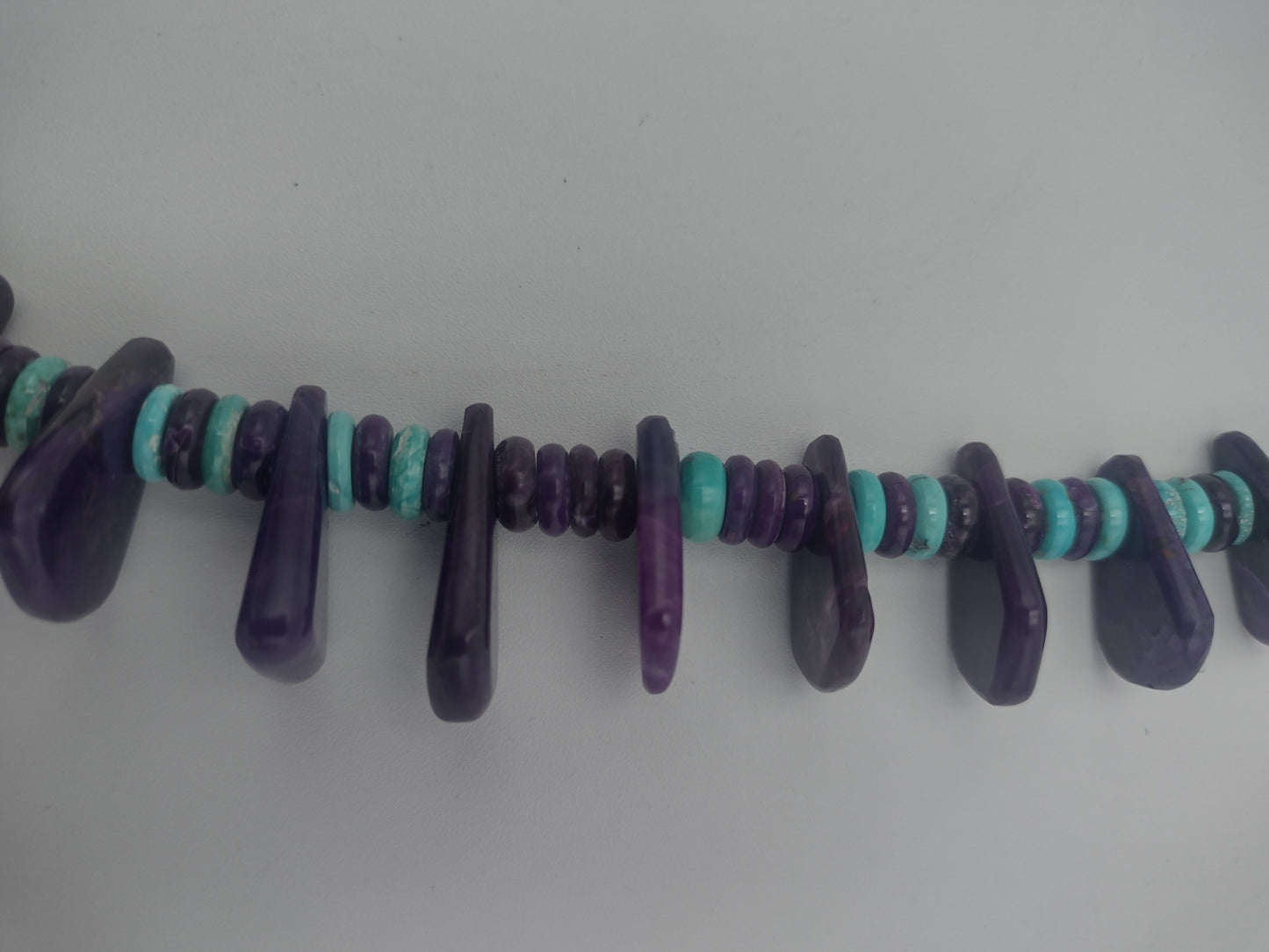 Exquisite Sugilite & Sleeping Beauty Turquoise Necklace by Bruce Eckhardt - Hand-Shaped Teardrops