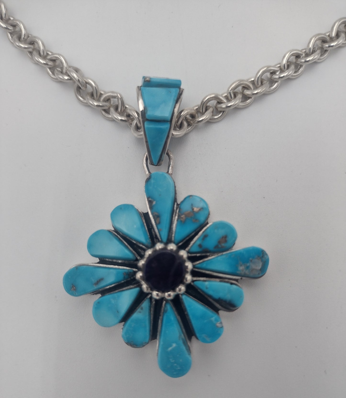 Authentic Native American Kingman Turquoise & Sugilite Inlay Flower Pendant by Na Na Ping