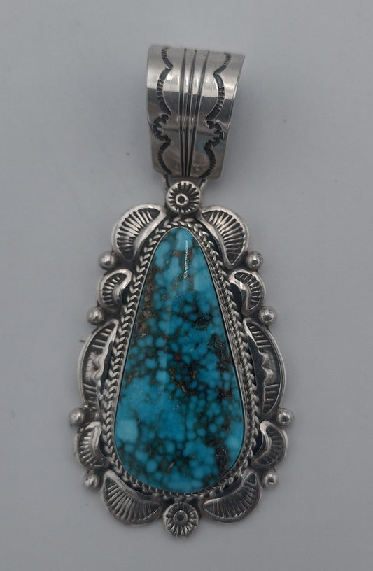 Kingman Waterweb Turquoise Sterling Silver Pendant - EM Lincoln Navajo Handmade