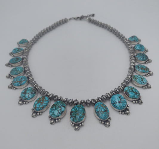 Authentic Native American 17-Stone Kingman Waterweb Turquoise Sterling Silver Necklace