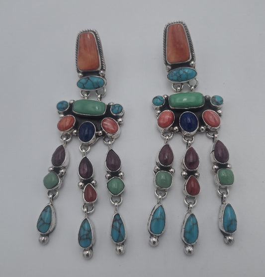 Multi-Color Gemstone Sterling Dangle Earrings Authentic Native American Handmade