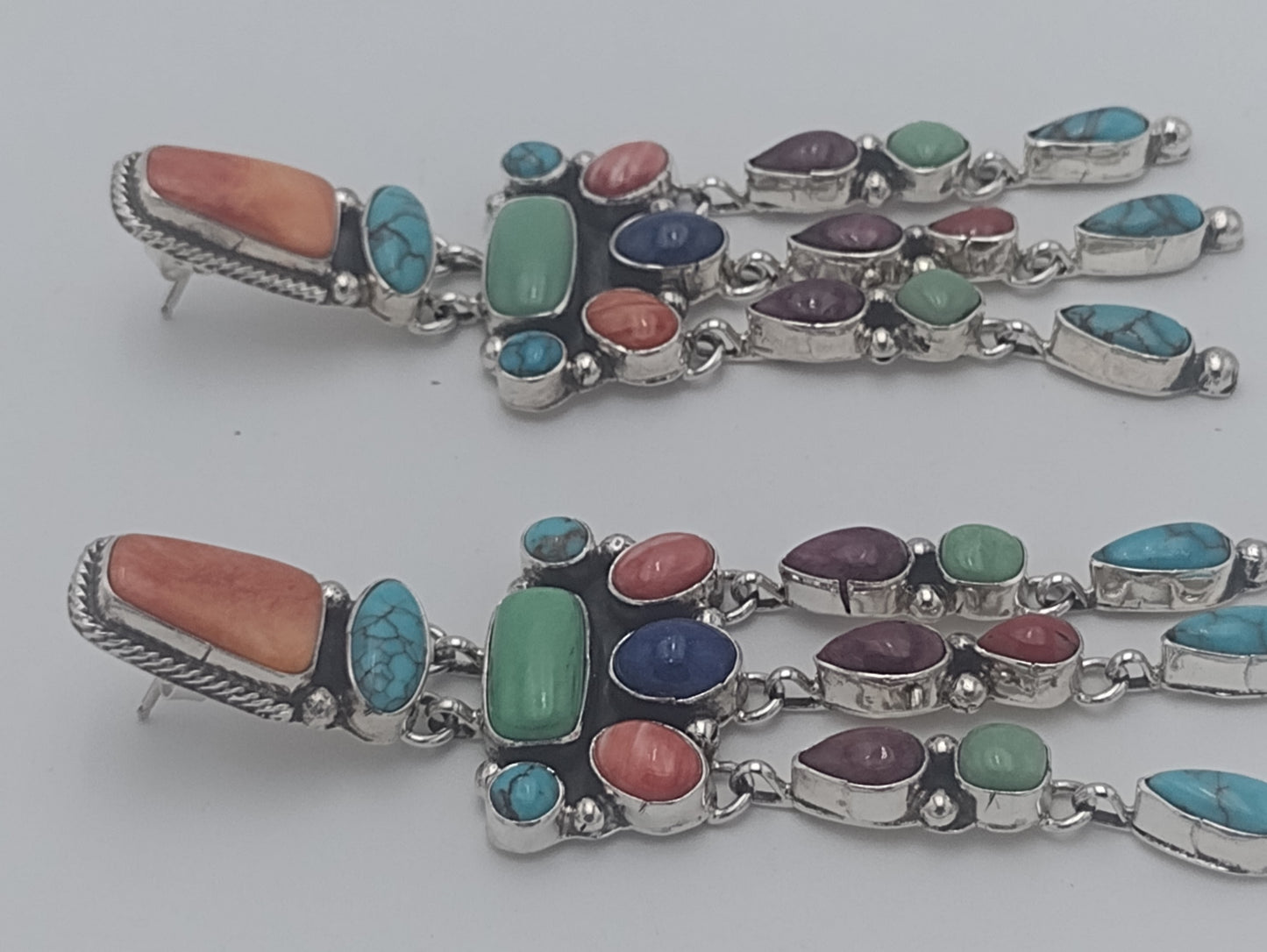 Multi-Color Gemstone Sterling Dangle Earrings Authentic Native American Handmade
