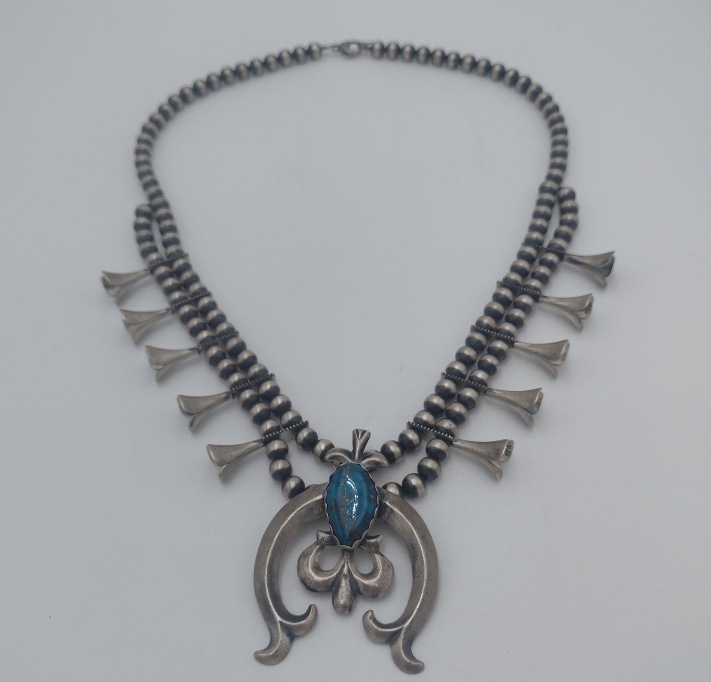 Authentic Navajo Ithaca Peak Turquoise Squash Blossom Necklace by R. Chee - Sandcast Naja